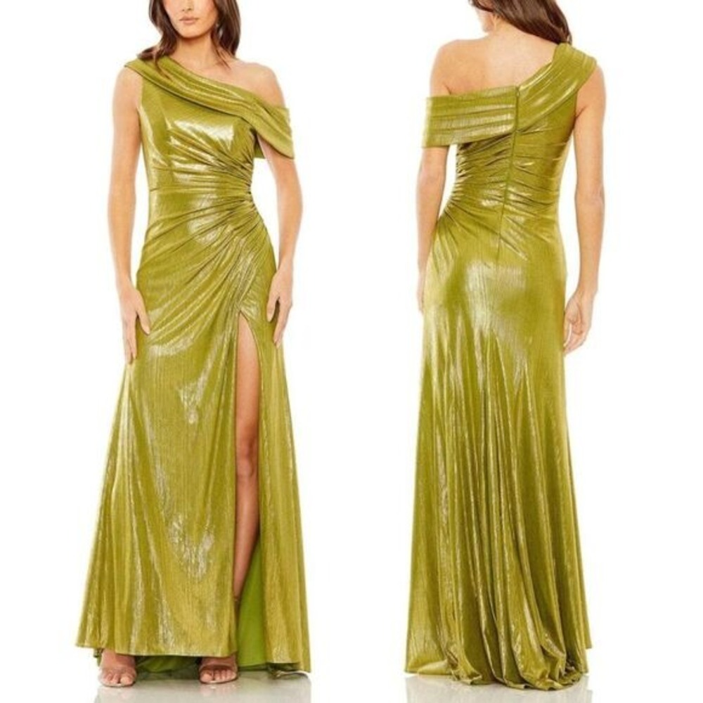 Mac Duggal Size 12 Green Off The Shoulder Ruched Metallic Long Maxi Gown Dress - Picture 2 of 6